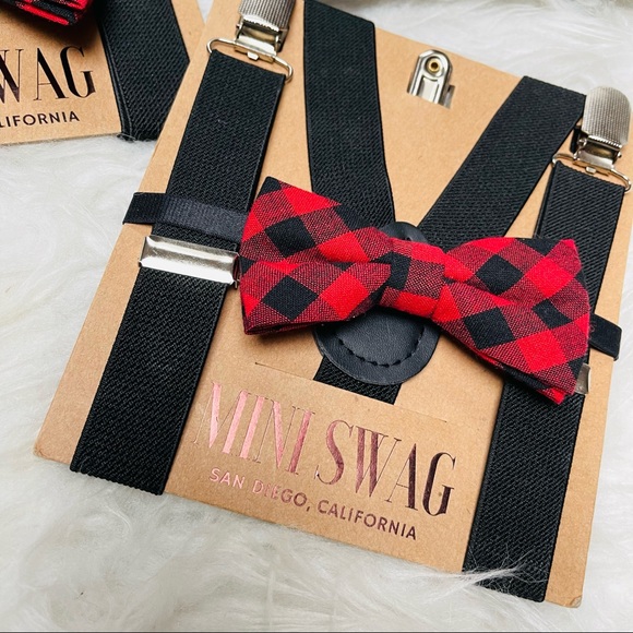 Mini Swag Brand Suspender & Bow Tie Set Black Red Plaid for baby/children - Picture 2 of 5